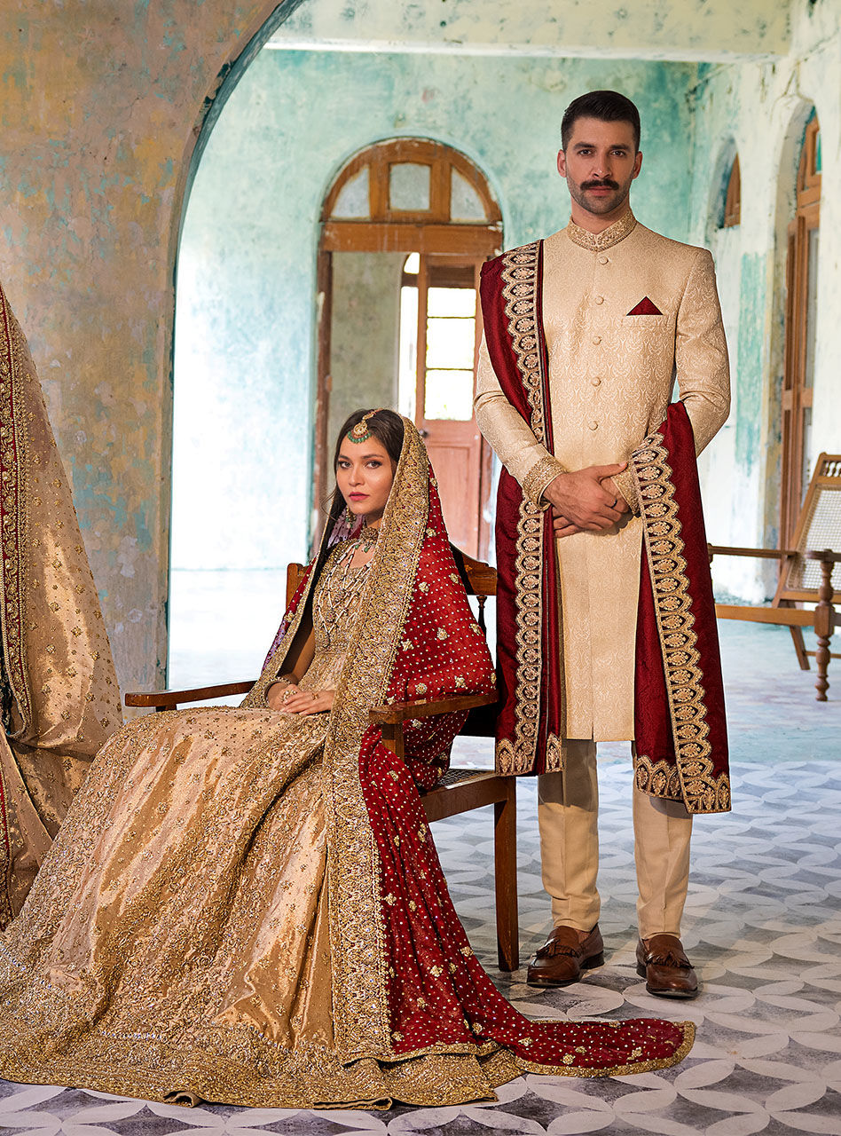 Gold Brocade Bridal Gown with Red Dupatta (2-Piece) - Image 9