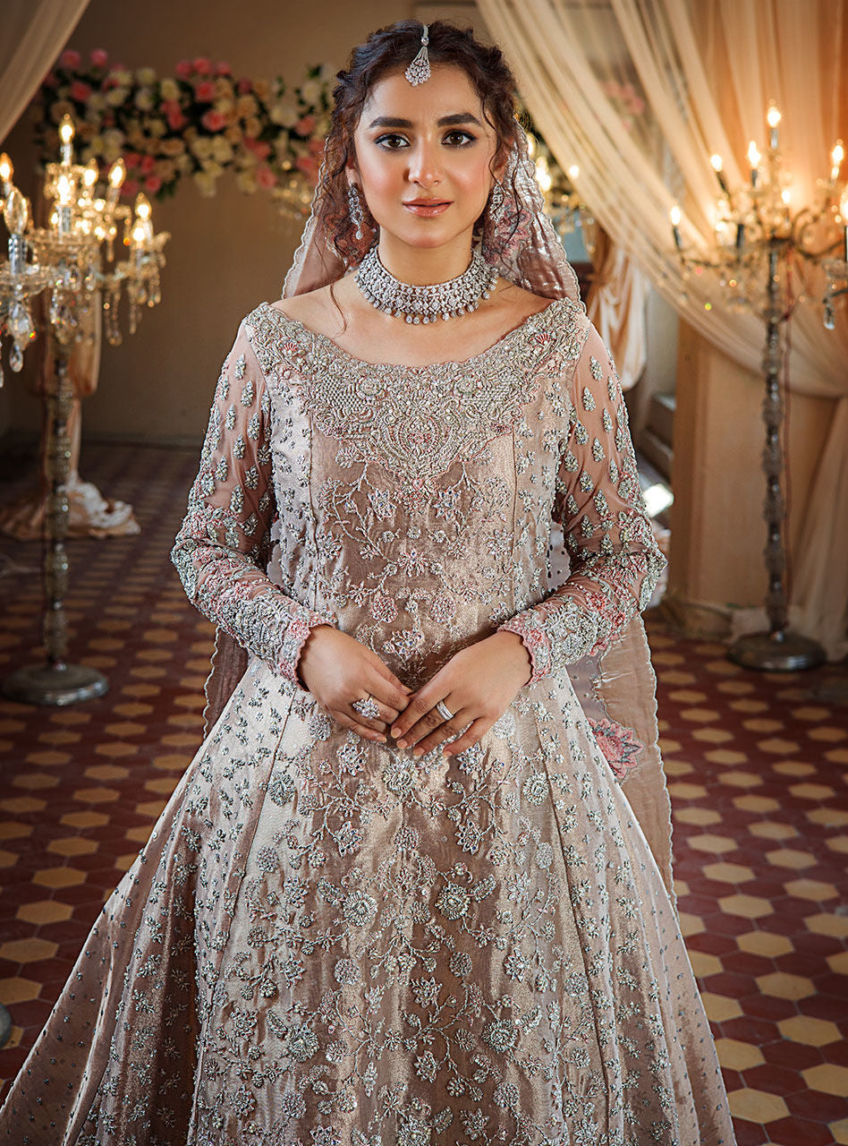 Pakistani Rose Gold Embroidered Brocade Bridal Gown (2-Piece) - Image 2