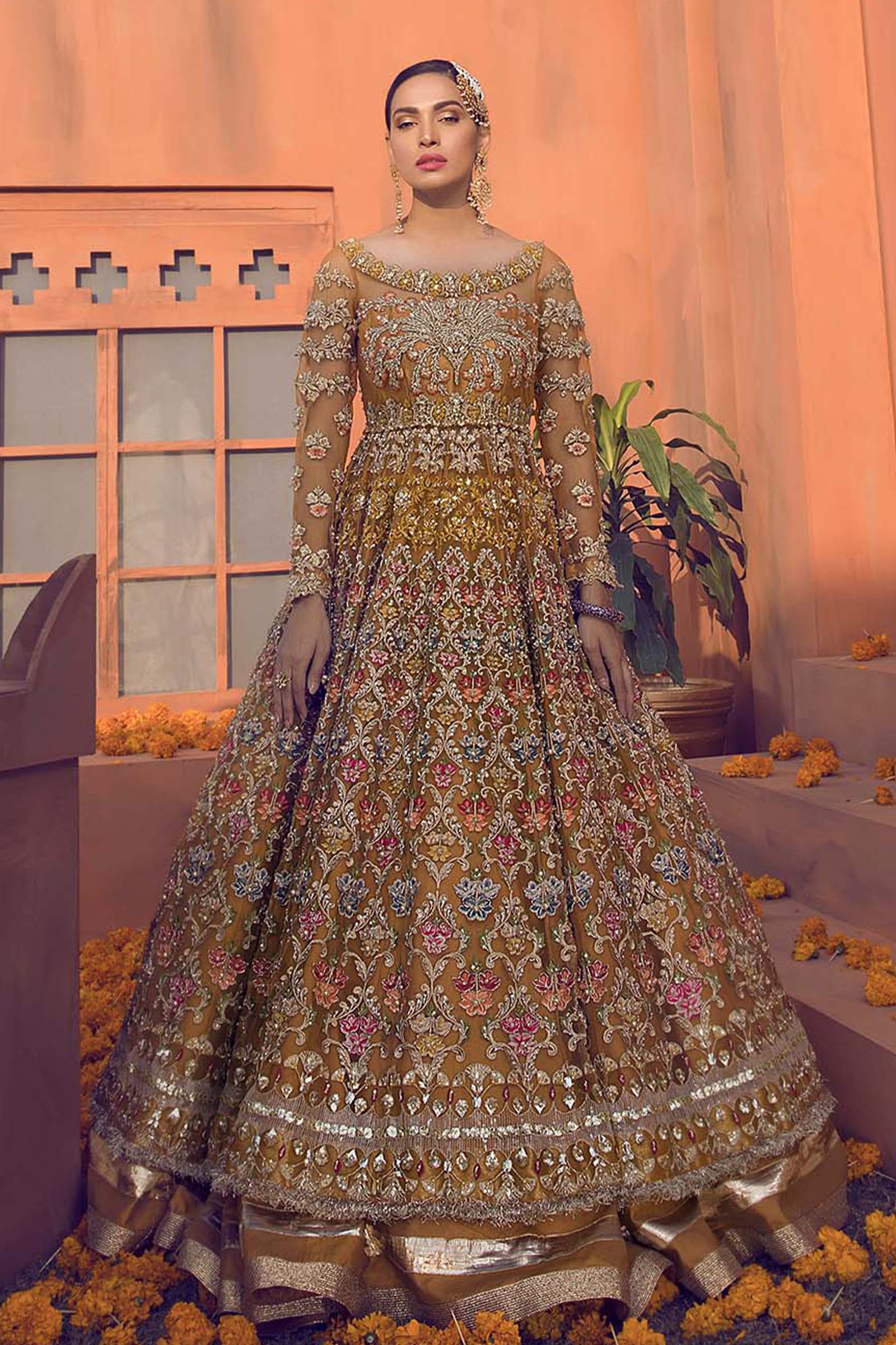 Pakistani Marigold Dabka Embroidered Chiffon Bridal Gown (2-Piece) - Image 1