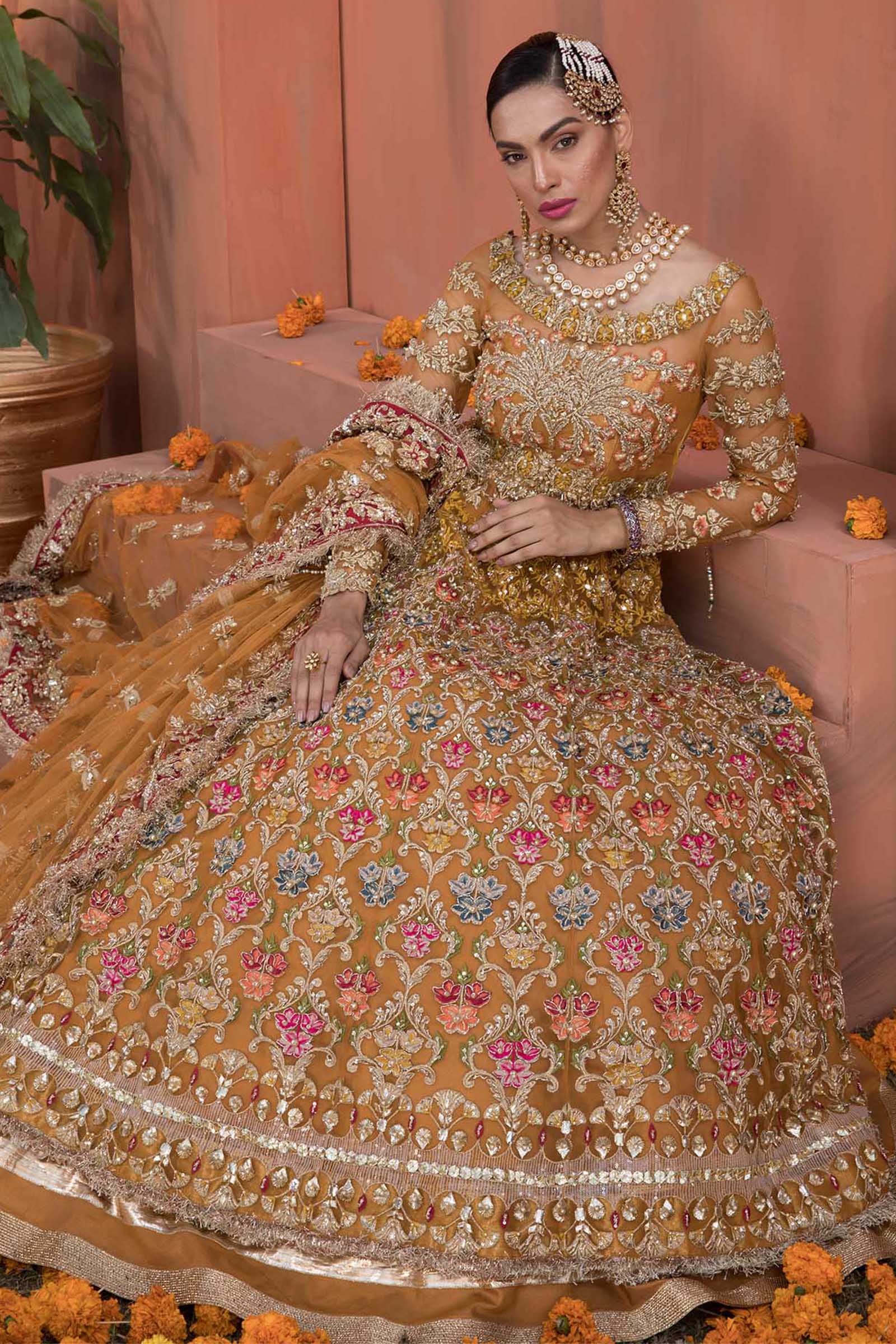 Pakistani Marigold Dabka Embroidered Chiffon Bridal Gown (2-Piece) - Image 2