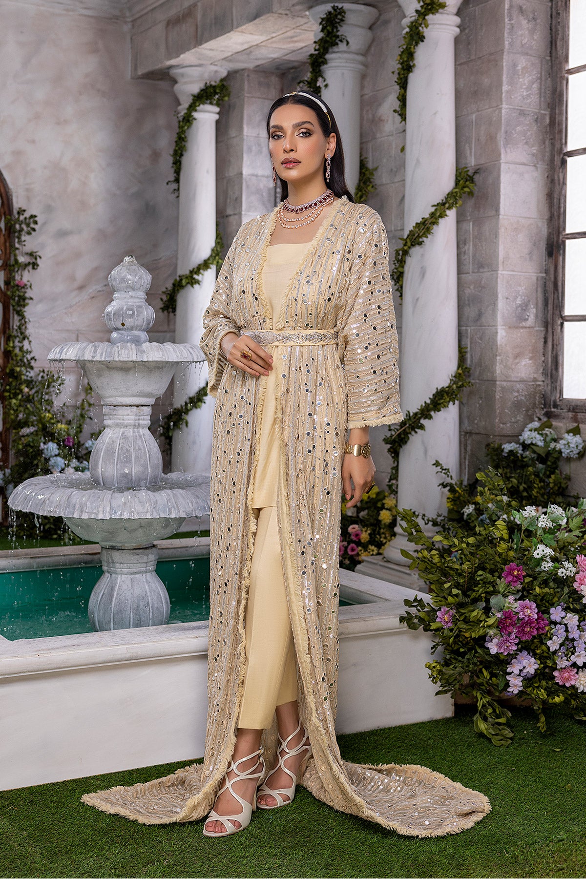 Gold Embellished Pearl Chiffon & Raw Silk Gown (4-Piece) - Image 1