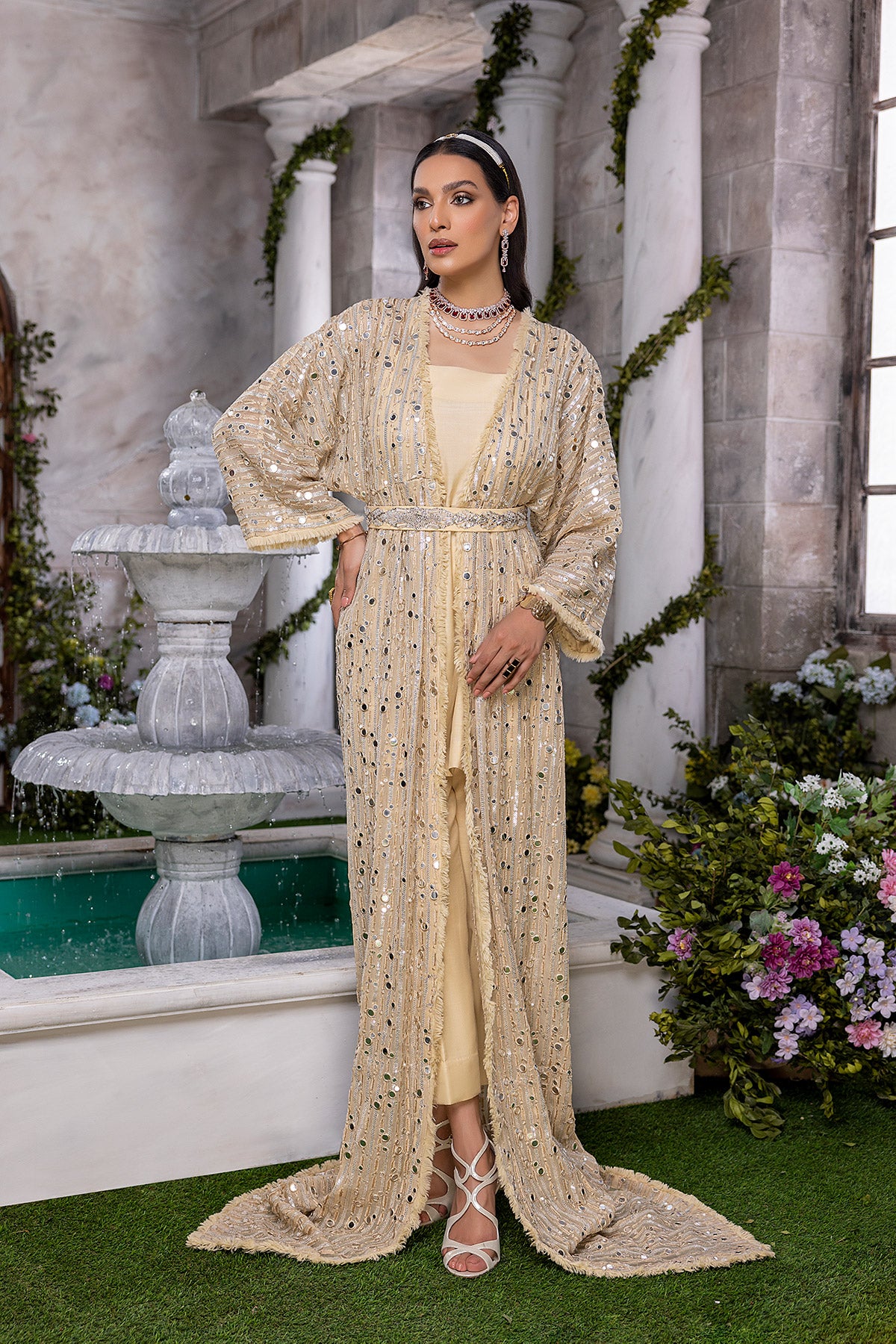 Gold Embellished Pearl Chiffon & Raw Silk Gown (4-Piece) - Image 2