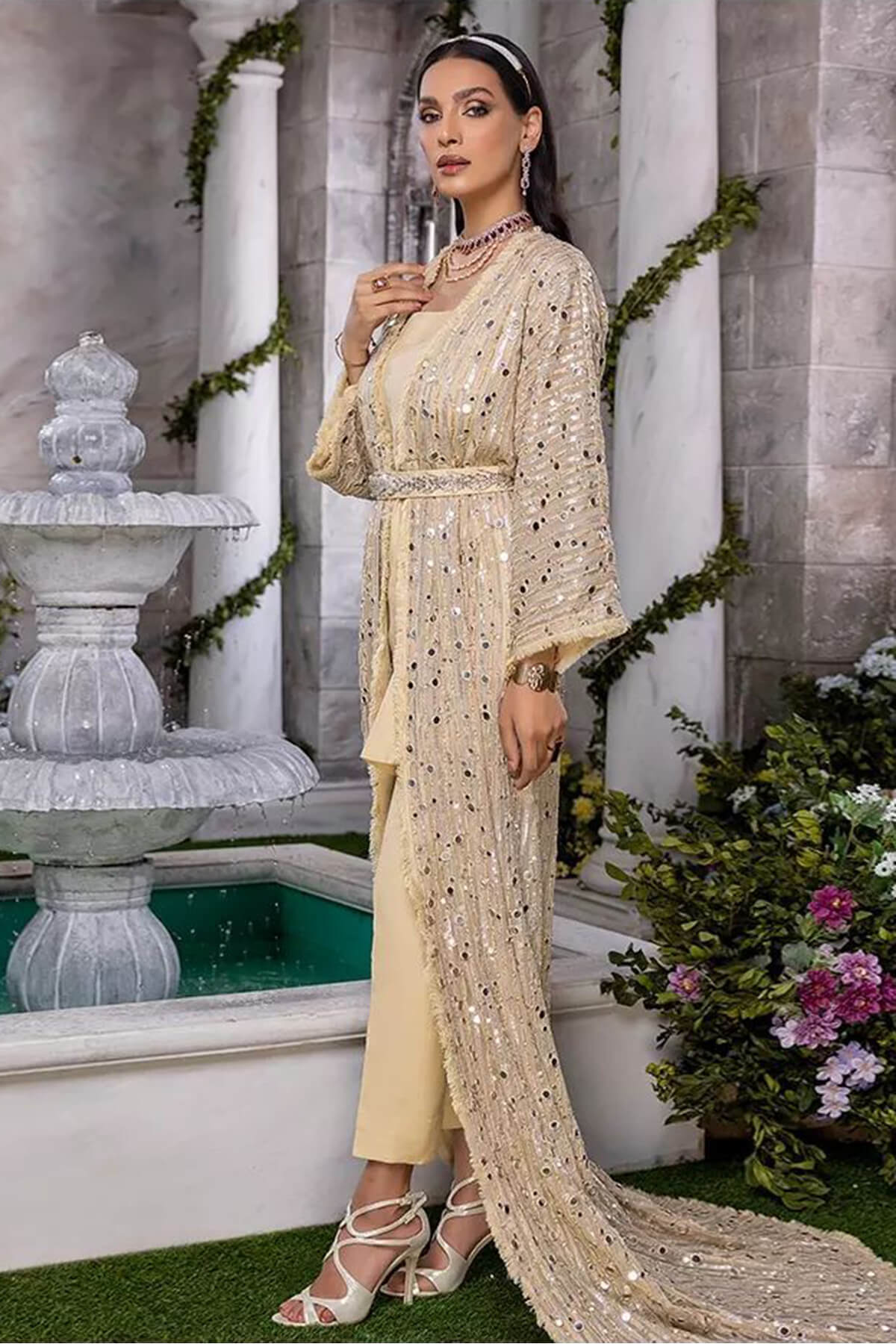 Gold Embellished Pearl Chiffon & Raw Silk Gown (4-Piece) - Image 3