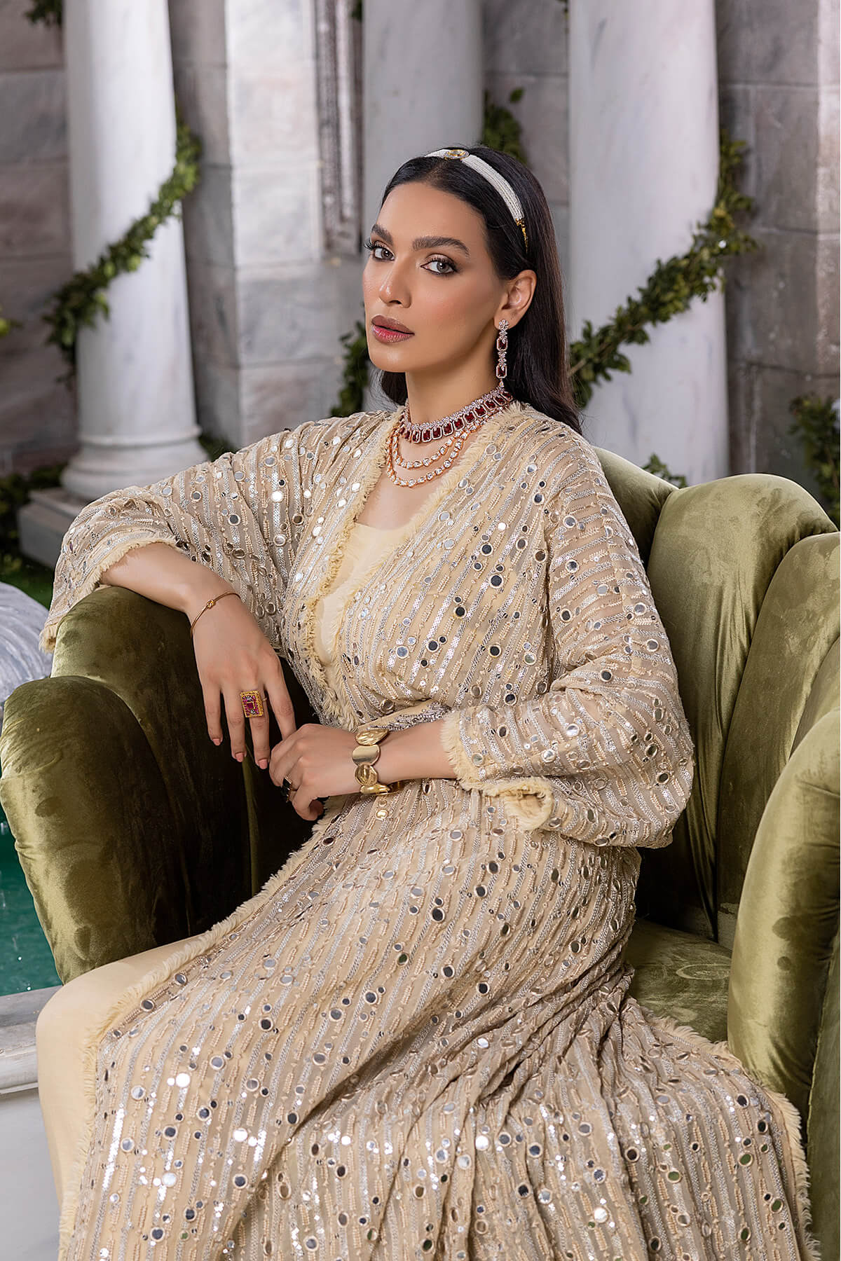 Gold Embellished Pearl Chiffon & Raw Silk Gown (4-Piece) - Image 4