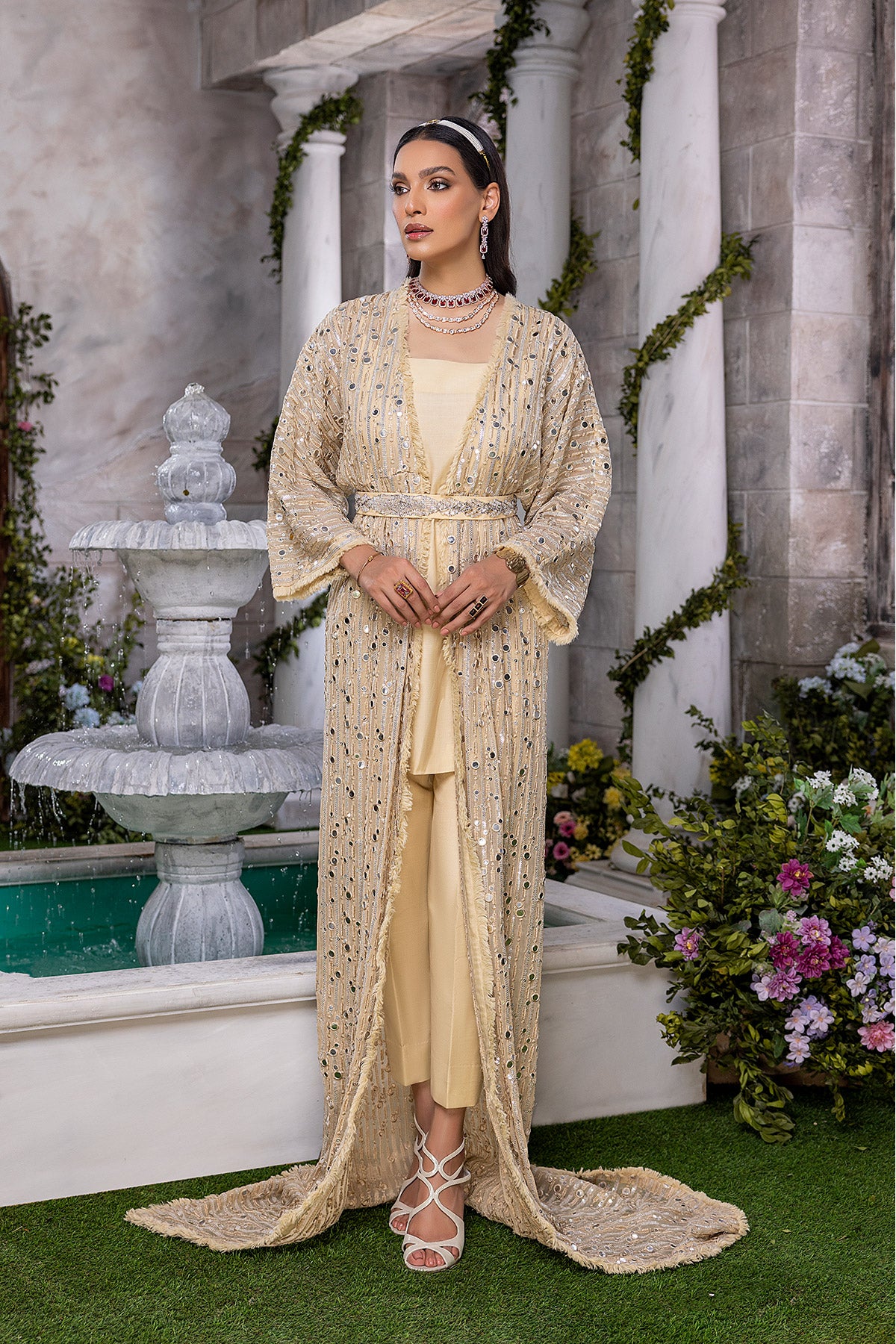 Gold Embellished Pearl Chiffon & Raw Silk Gown (4-Piece) - Image 5