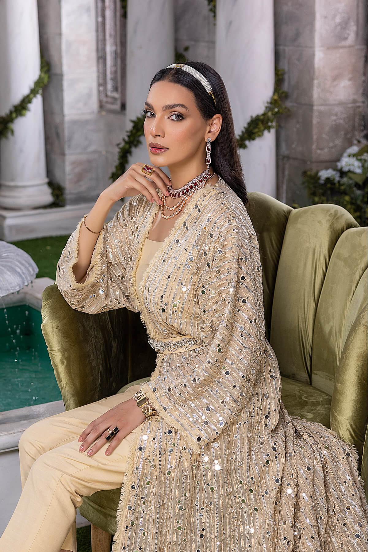 Gold Embellished Pearl Chiffon & Raw Silk Gown (4-Piece) - Image 6