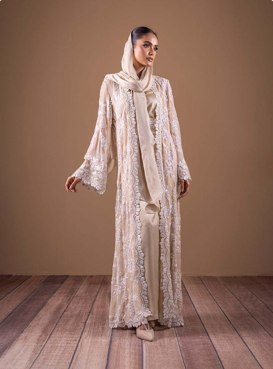 Pakistani Champagne Sequin-Embroidered Chiffon Floor-Length Gown (3-Piece) - Image 1