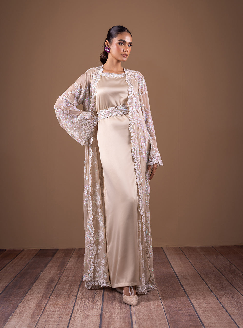 Pakistani Champagne Sequin-Embroidered Chiffon Floor-Length Gown (3-Piece) - Image 2