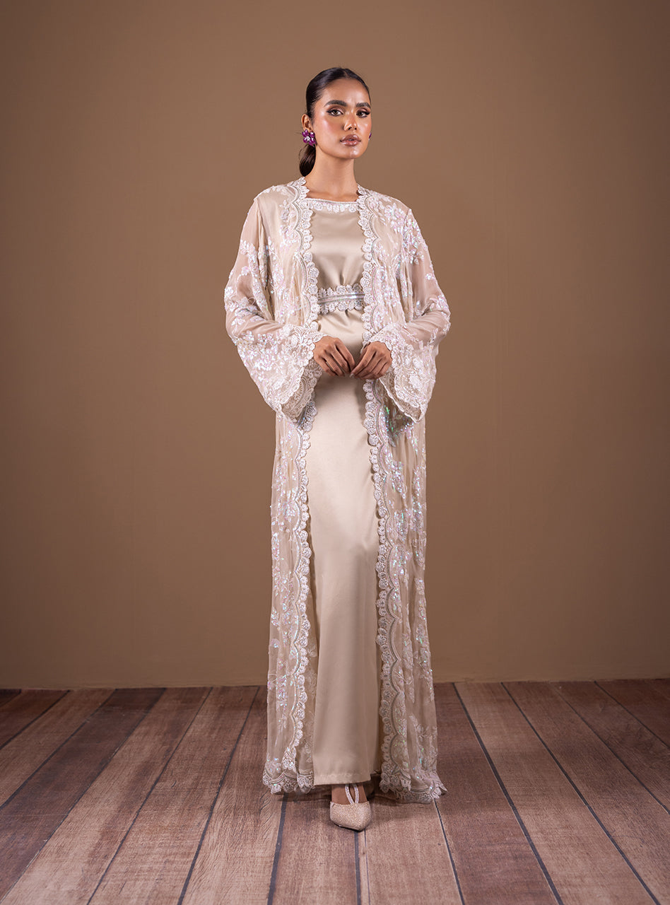 Pakistani Champagne Sequin-Embroidered Chiffon Floor-Length Gown (3-Piece) - Image 3