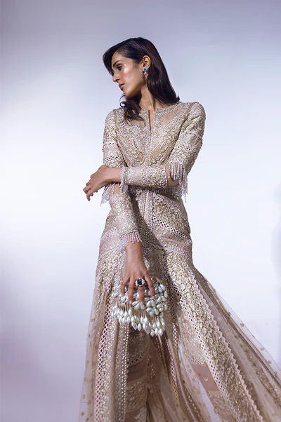 Pakistani Champagne Gold Embellished Net Jacket Gown (1-Pc) - Image 1