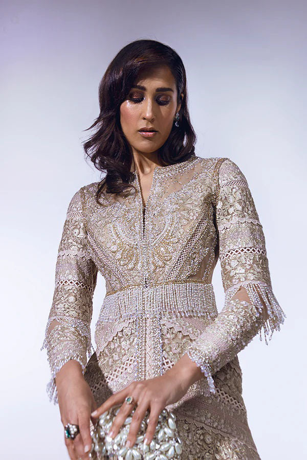 Pakistani Champagne Gold Embellished Net Jacket Gown (1-Pc) - Image 2