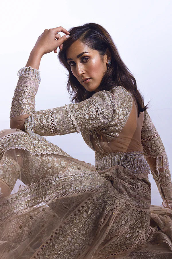 Pakistani Champagne Gold Embellished Net Jacket Gown (1-Pc) - Image 3