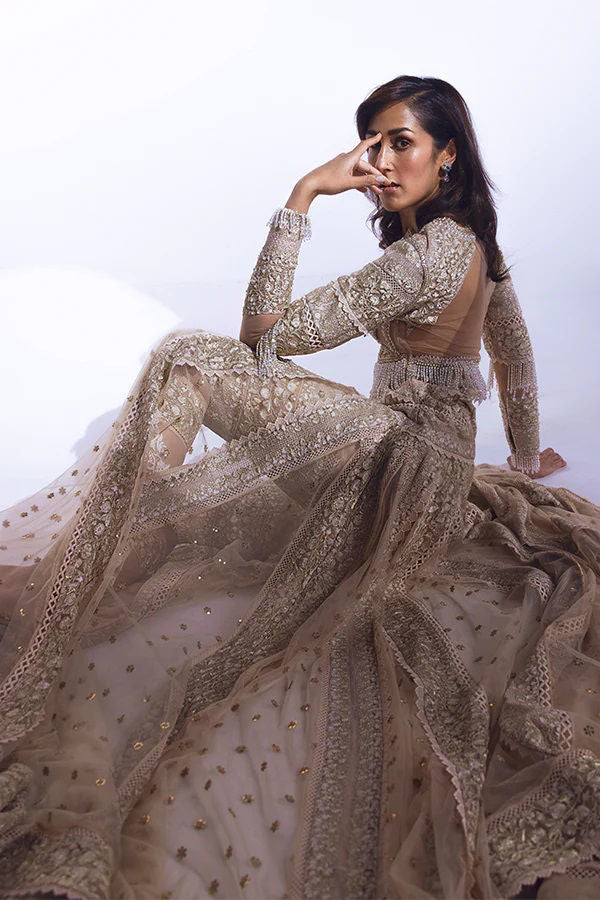 Pakistani Champagne Gold Embellished Net Jacket Gown (1-Pc) - Image 4