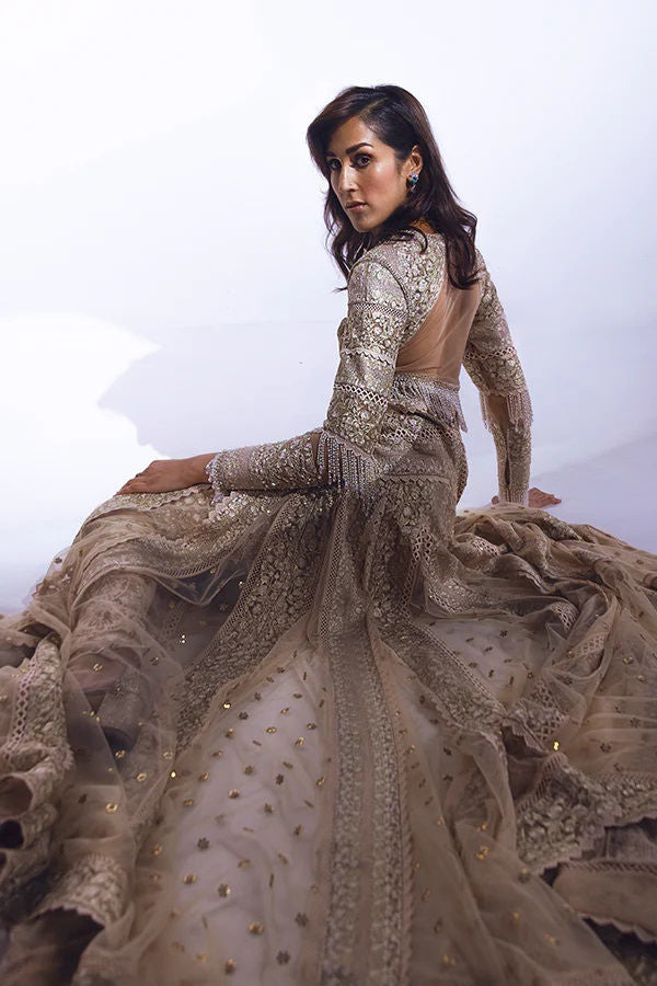 Pakistani Champagne Gold Embellished Net Jacket Gown (1-Pc) - Image 5