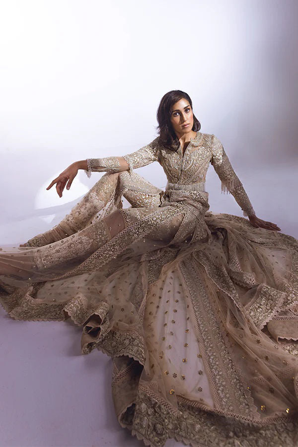 Pakistani Champagne Gold Embellished Net Jacket Gown (1-Pc) - Image 6