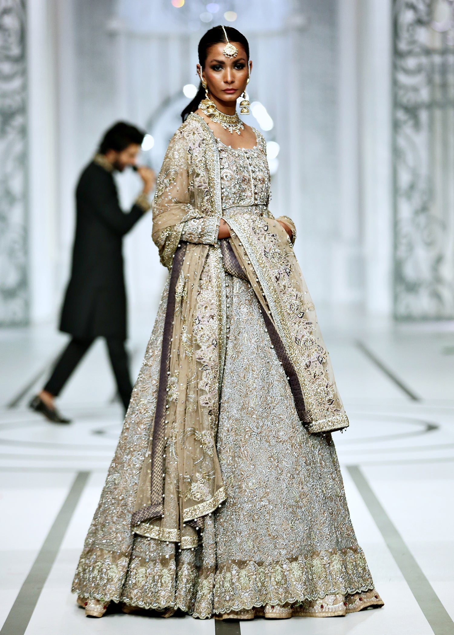 Pakistani Dusky Gold Embroidered French Net Bridal Gown (2-Piece) - Image 10