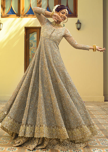 Pakistani Dusky Gold Embroidered French Net Bridal Gown (2-Piece) - Image 12