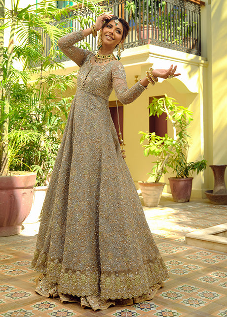 Pakistani Dusky Gold Embroidered French Net Bridal Gown (2-Piece) - Image 13