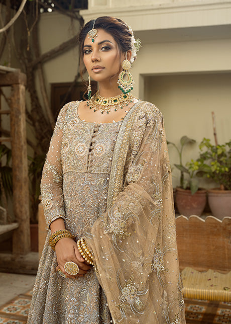 Pakistani Dusky Gold Embroidered French Net Bridal Gown (2-Piece) - Image 3