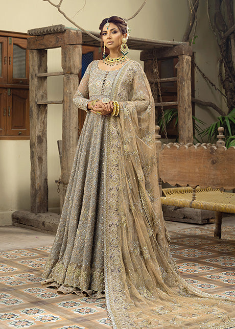 Pakistani Dusky Gold Embellished French Net Gown (2-Piece) - Image 1