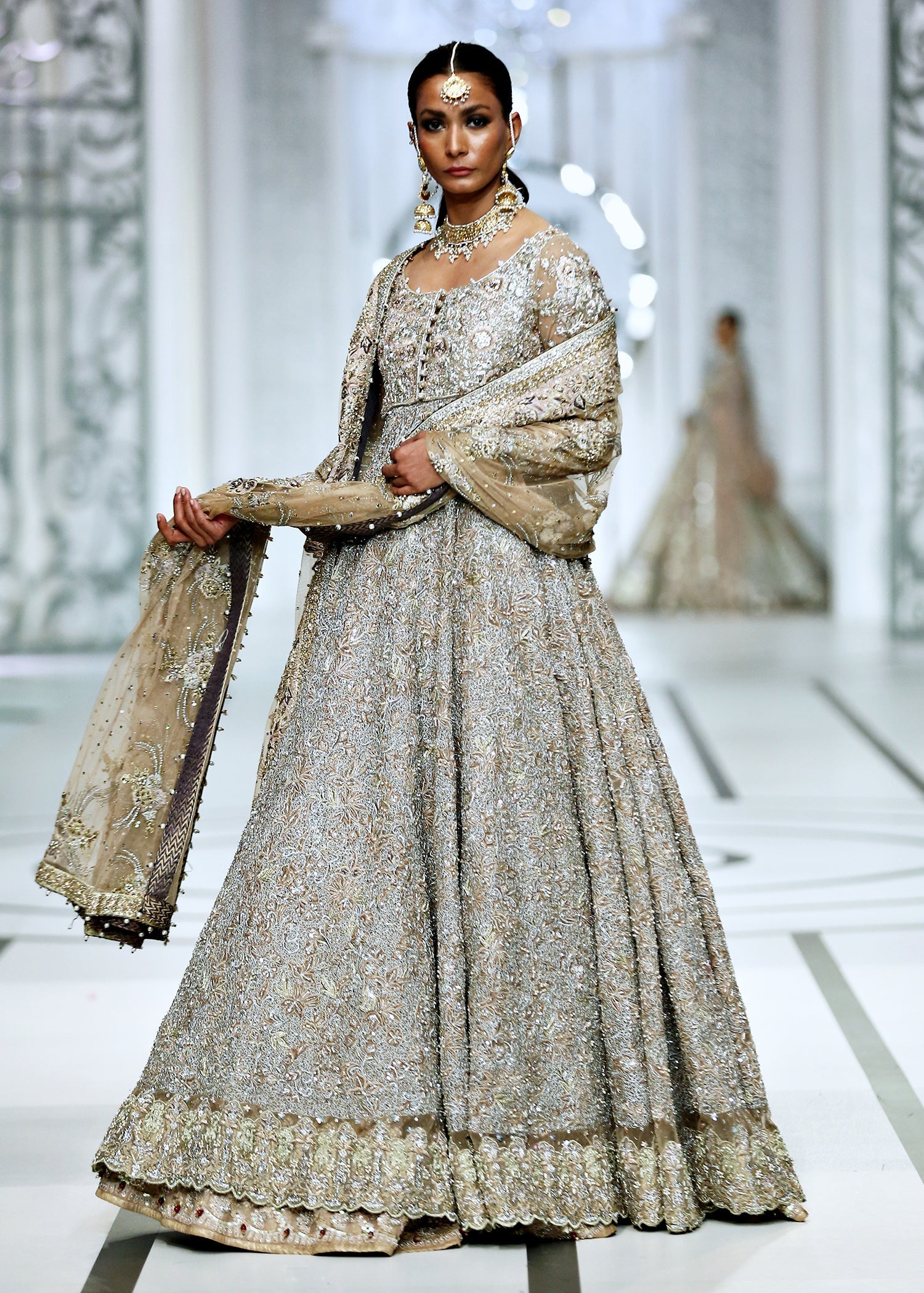 Pakistani Dusky Gold Embellished French Net Gown (2-Piece) - Image 11