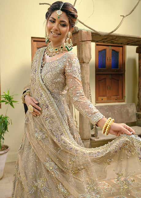 Pakistani Dusky Gold Embellished French Net Gown (2-Piece) - Image 2