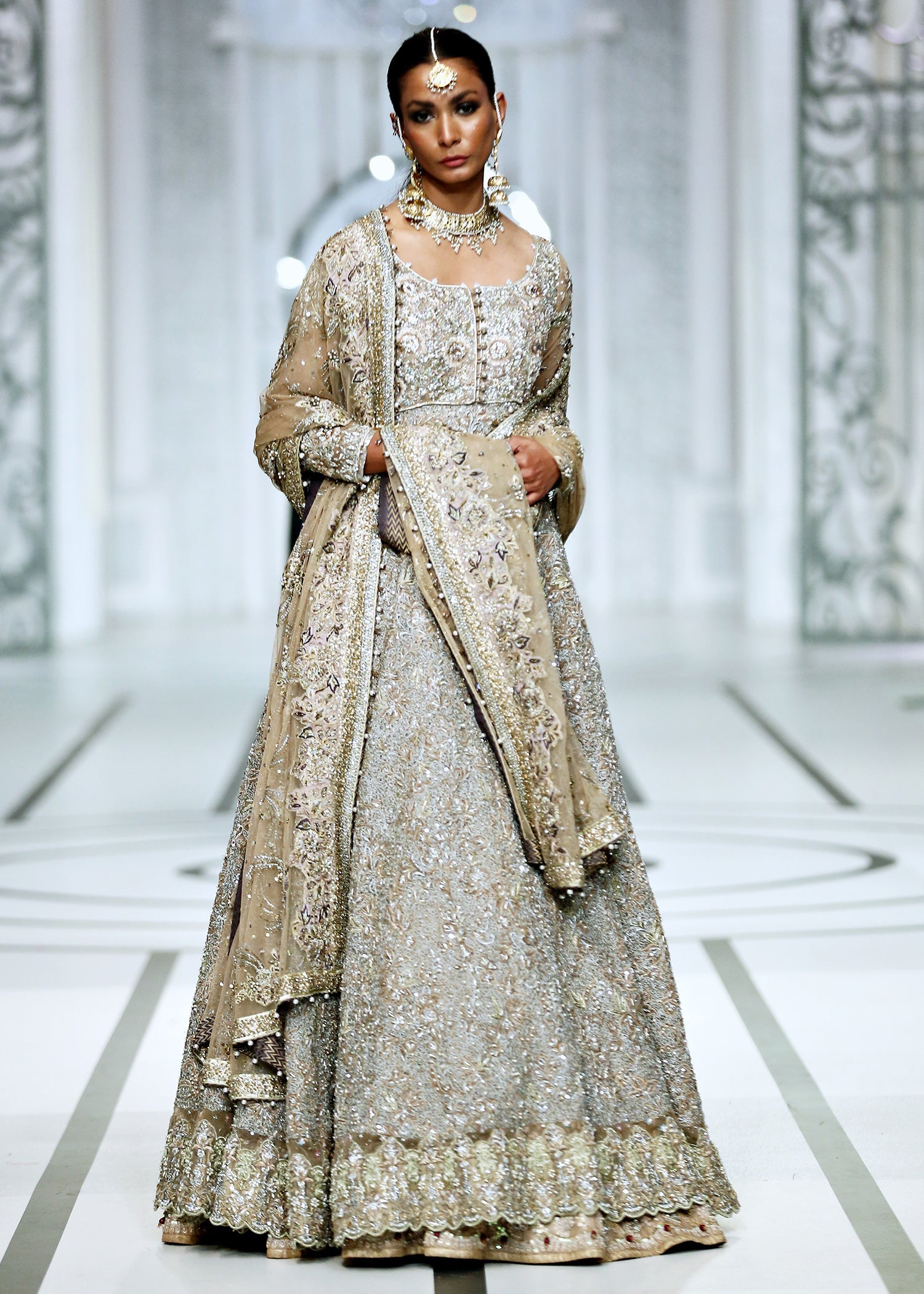 Pakistani Dusky Gold Embellished French Net Gown (2-Piece) - Image 9