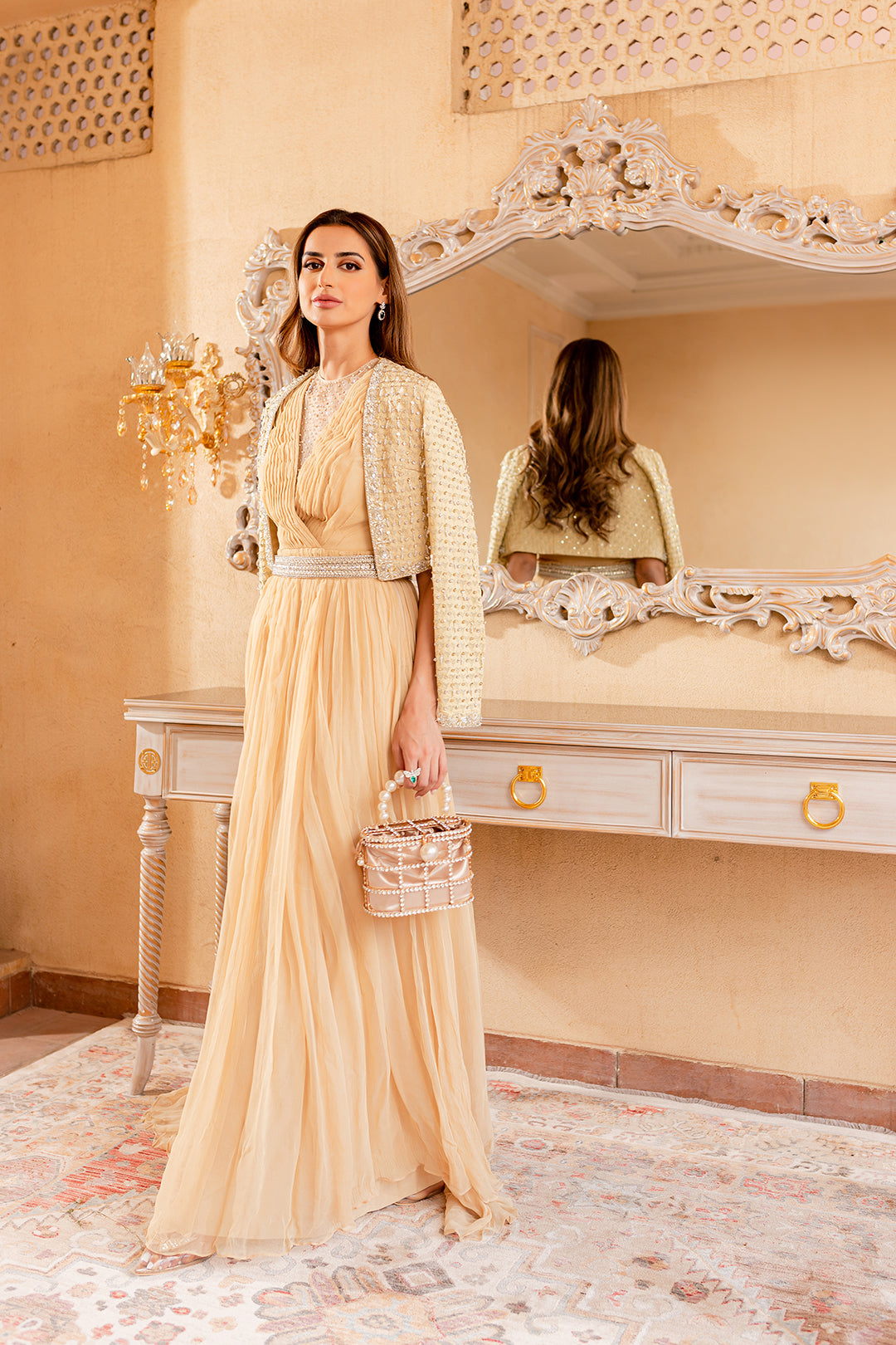 Champagne Pleated Georgette Gown with Embellished Jacket (2-Piece) - Image 4