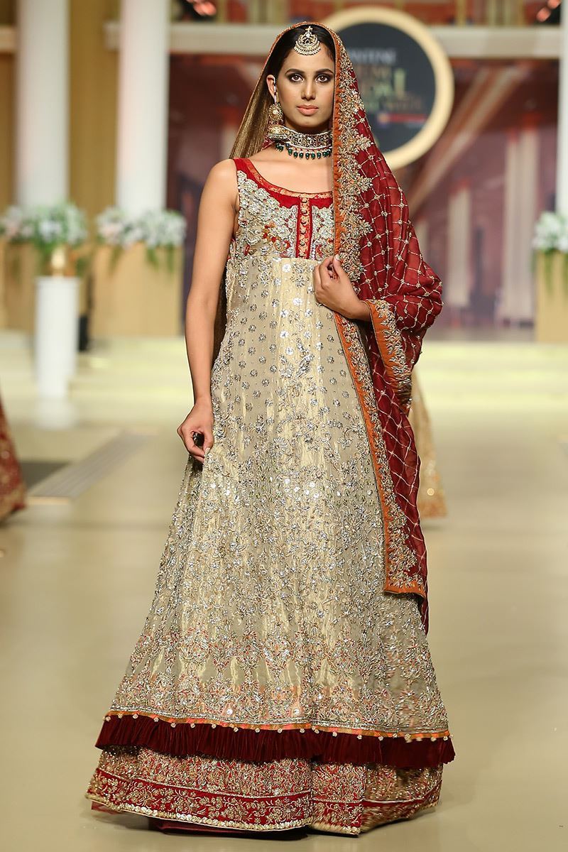 Pakistani Gold Zardozi Bridal Gown with Red Jamawar Lehnga (3-Piece) - Image 1