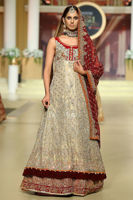 Pakistani Gold Zardozi Bridal Gown with Red Jamawar Lehnga (3-Piece) - Image 2