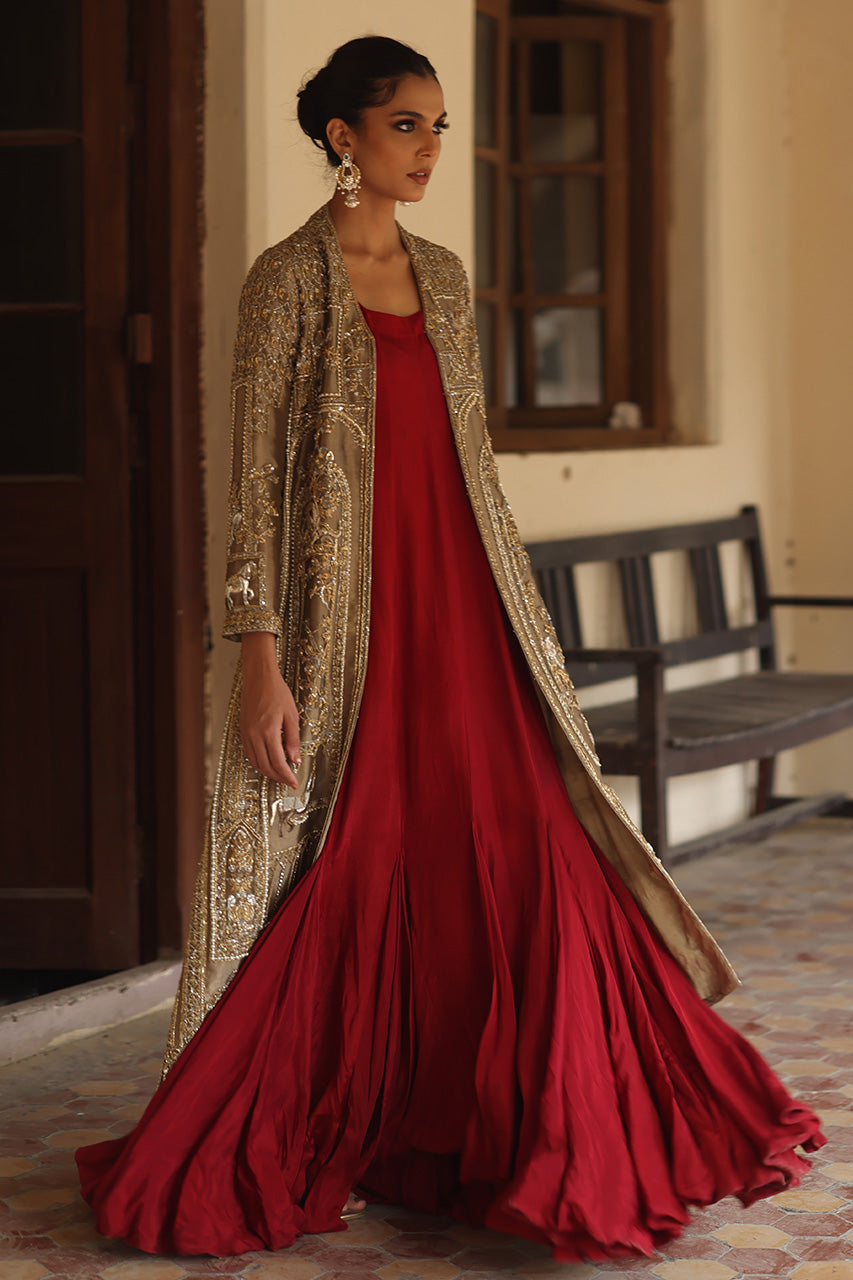 Metallic Gold Zardozi Silk Jacket with Maroon Shift Dress (2-Piece) - Image 1