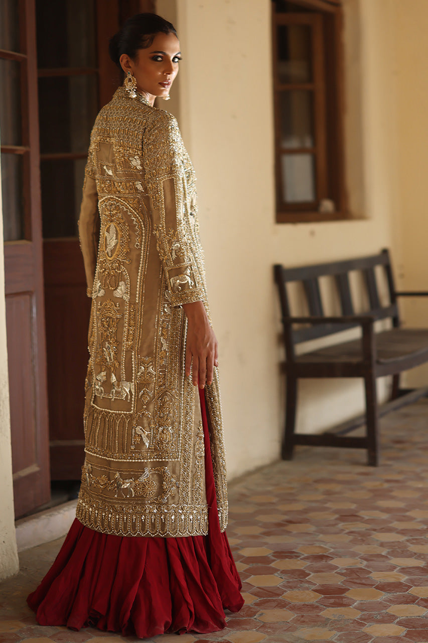 Metallic Gold Zardozi Silk Jacket with Maroon Shift Dress (2-Piece) - Image 2