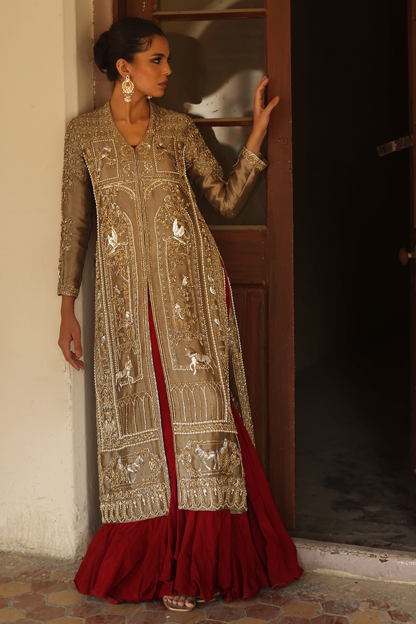 Metallic Gold Zardozi Silk Jacket with Maroon Shift Dress (2-Piece) - Image 3