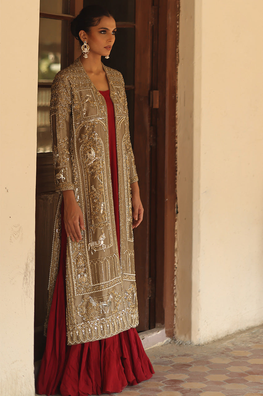 Metallic Gold Zardozi Silk Jacket with Maroon Shift Dress (2-Piece) - Image 5