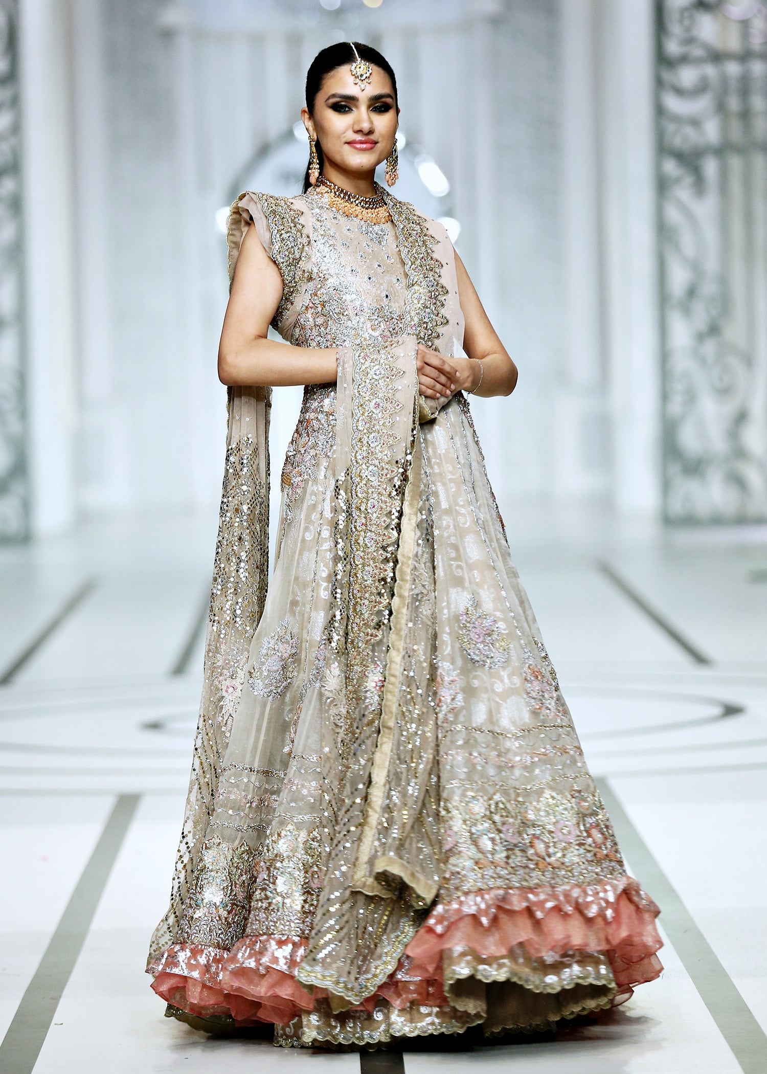 Champagne Gold Embellished Lurex Atlas Gown (2-Piece) - Image 8