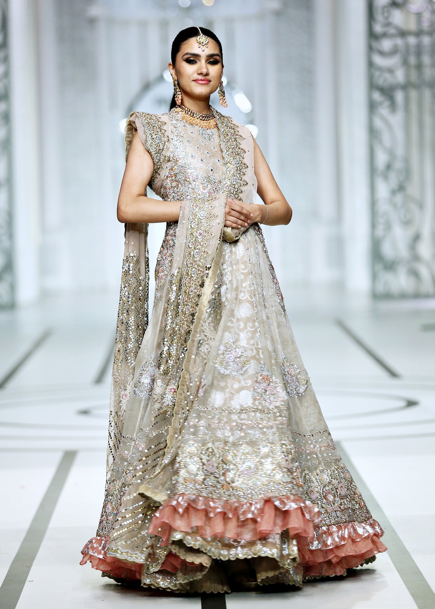Pakistani Champagne-Gold Embroidered Lurex Atlas Gown (2-Piece) - Image 10