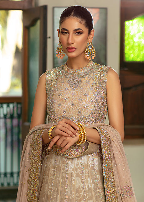 Pakistani Champagne-Gold Embroidered Lurex Atlas Gown (2-Piece) - Image 2