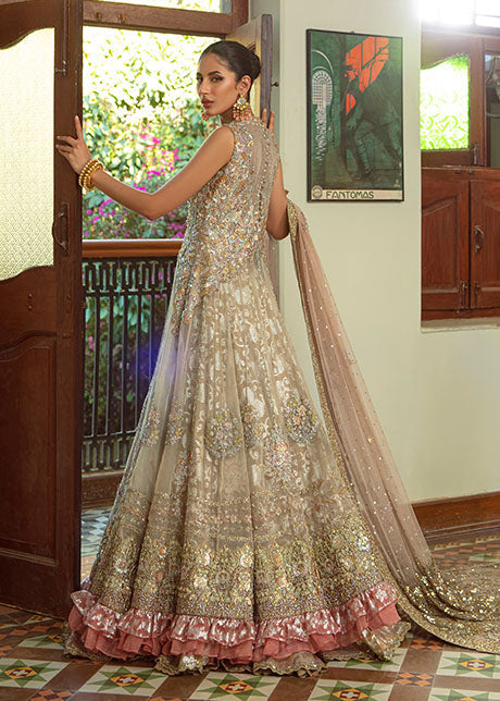 Pakistani Champagne-Gold Embroidered Lurex Atlas Gown (2-Piece) - Image 3