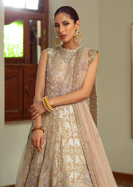 Pakistani Champagne-Gold Embroidered Lurex Atlas Gown (2-Piece) - Image 4