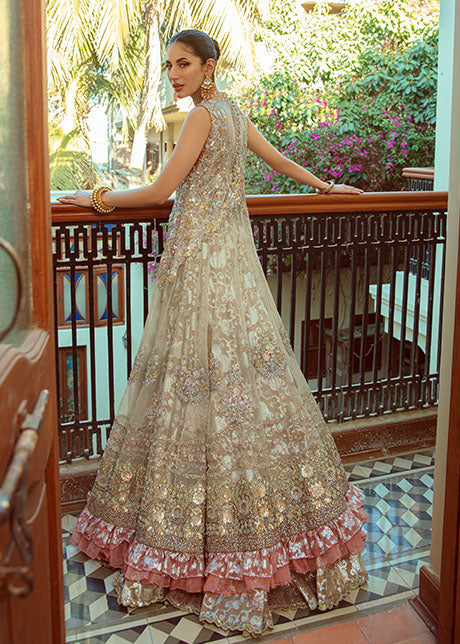 Pakistani Champagne-Gold Embroidered Lurex Atlas Gown (2-Piece) - Image 5