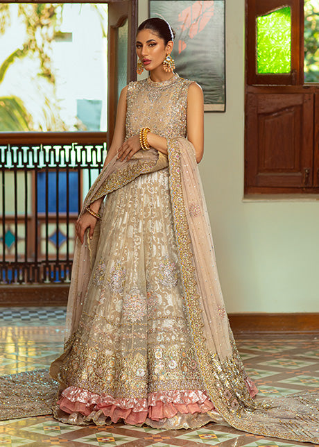 Pakistani Champagne-Gold Embroidered Lurex Atlas Gown (2-Piece) - Image 7