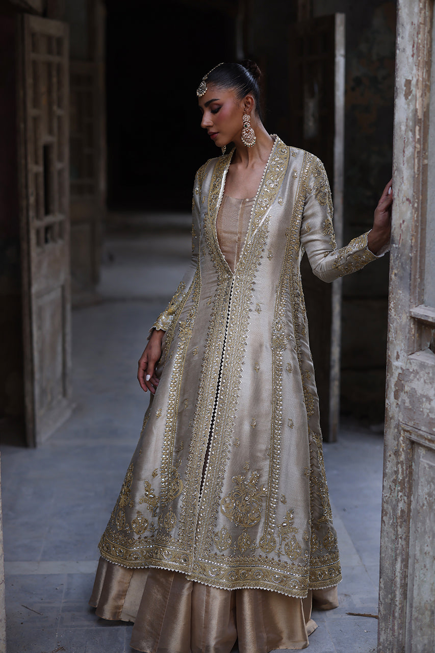 Gold Marori Embroidered Masoori Net Chogha (2-Piece) - Image 4