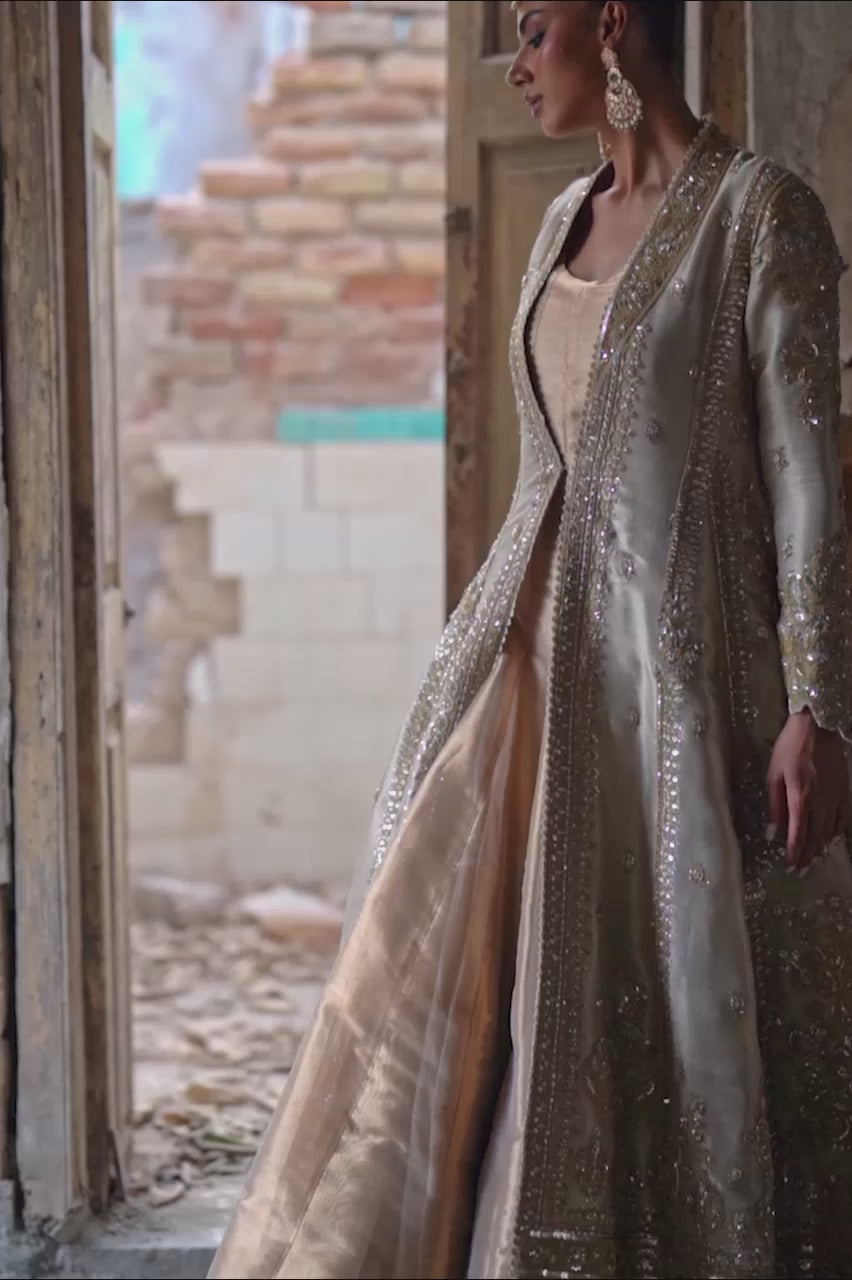 Gold Marori Embroidered Masoori Net Chogha (2-Piece) - Image 8