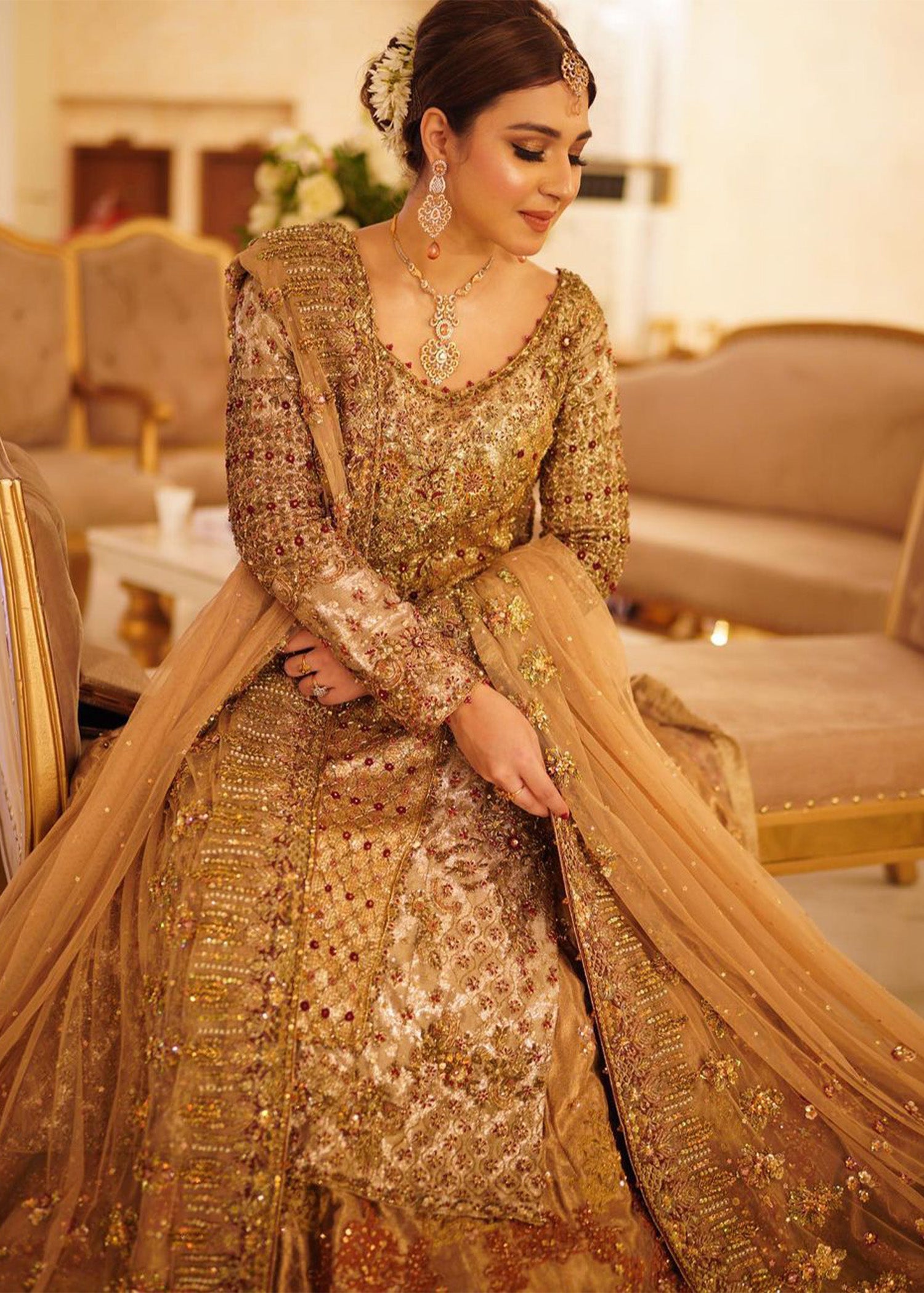 Antique Gold Embellished Metallic Gown (2-Piece) - Image 1