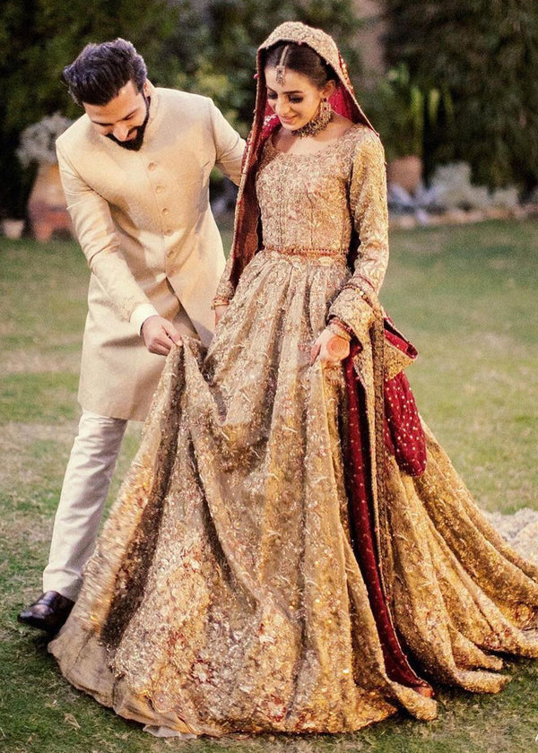 Pakistani Antique Gold Embellished Bridal Gown (2-Piece) - Image 1