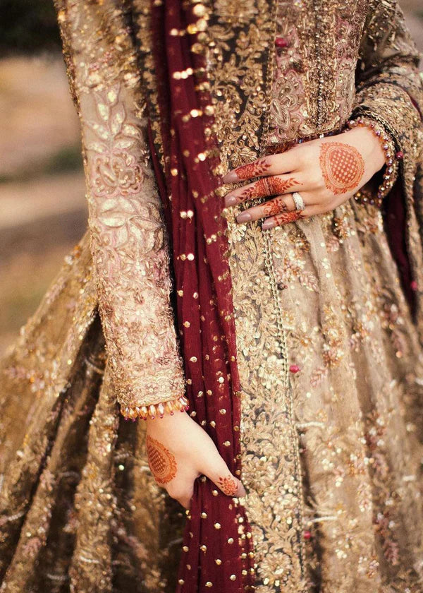 Pakistani Antique Gold Embellished Bridal Gown (2-Piece) - Image 3