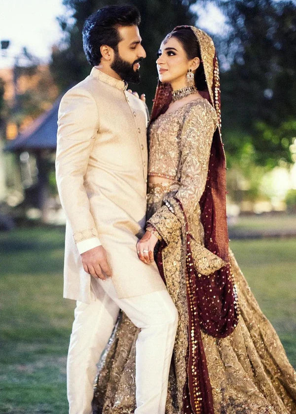 Pakistani Antique Gold Embellished Bridal Gown (2-Piece) - Image 4