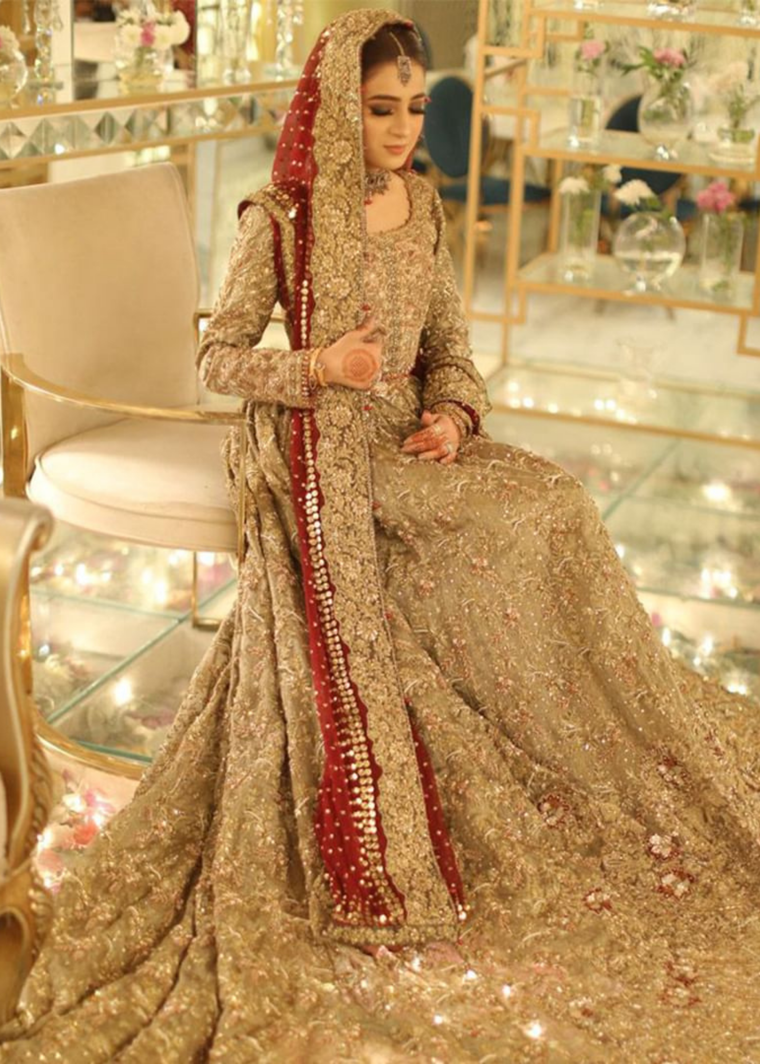 Pakistani Antique Gold Embellished Bridal Gown (2-Piece) - Image 5