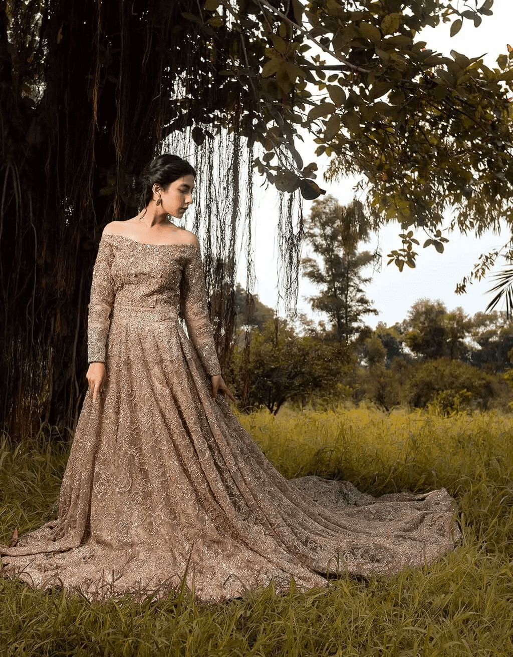 Pakistani Champagne Ari & Threadwork Net Bridal Gown (2-Piece) - Image 3