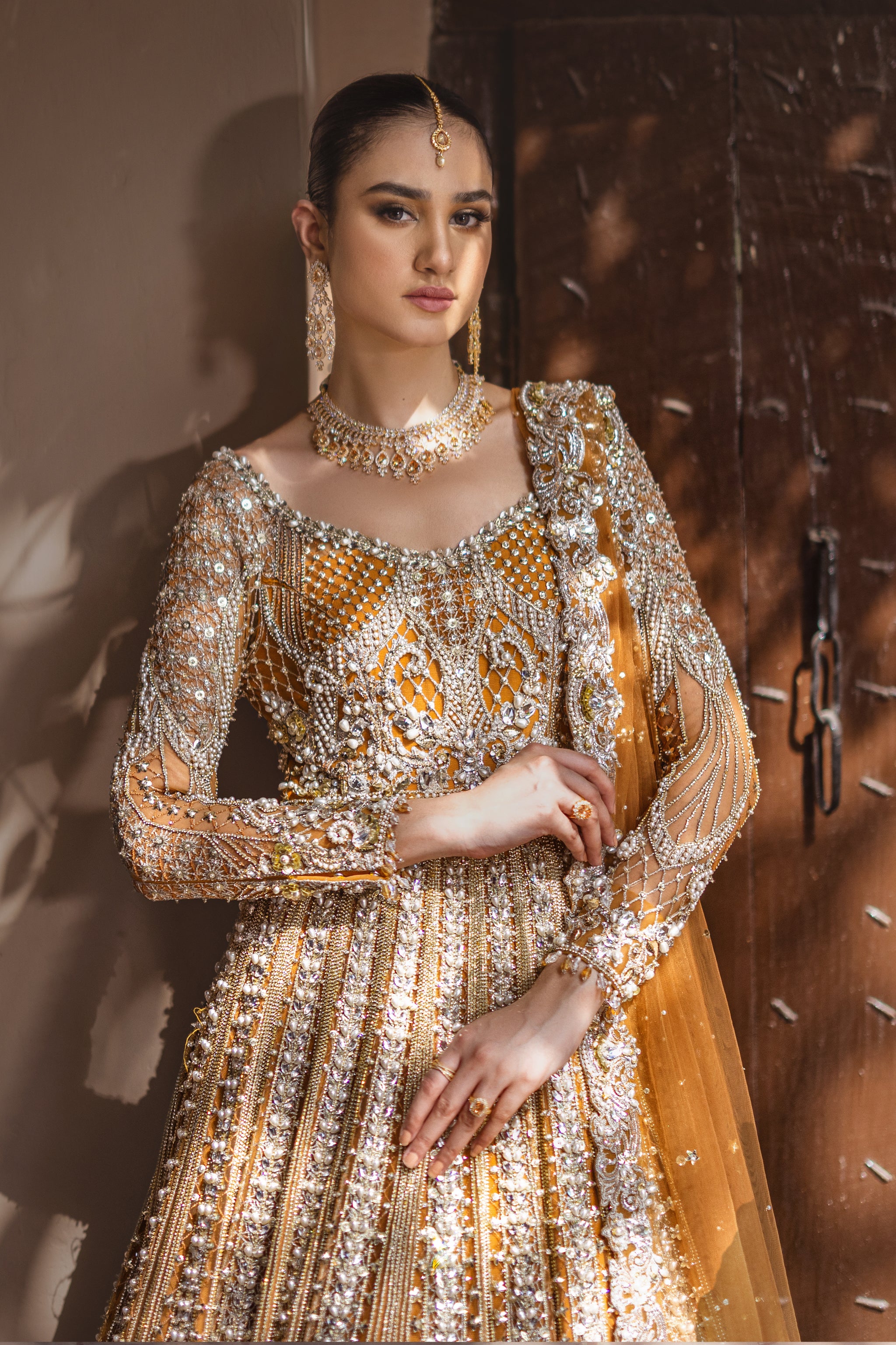 Pakistani Mustard Gold Embellished Net Bridal Gown (2-Piece) - Image 3